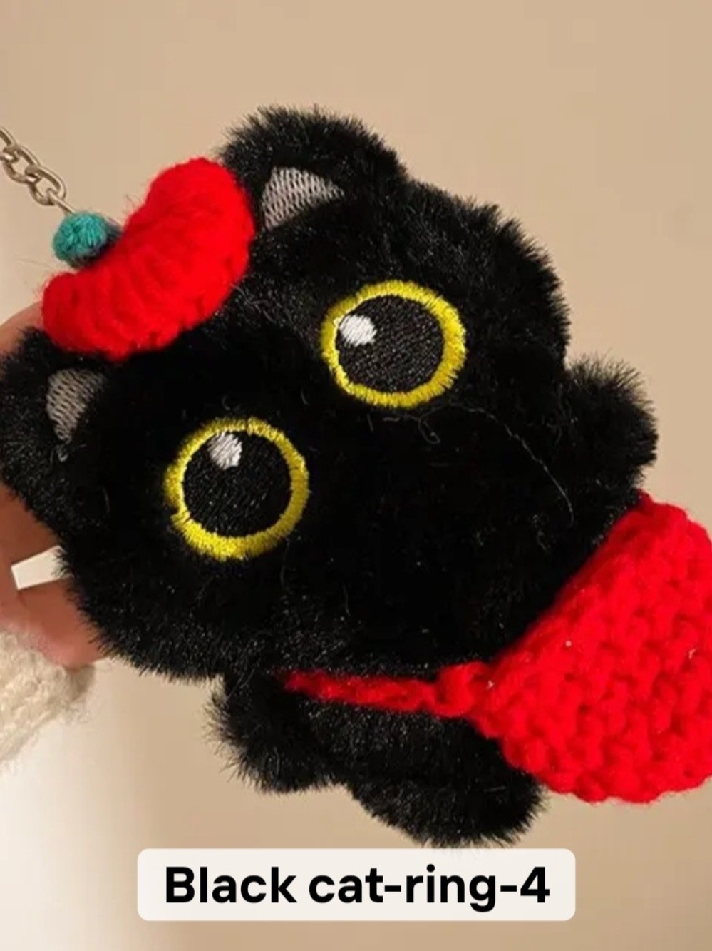Keychain Black Plush Cat with Red Knit Accents NWOT